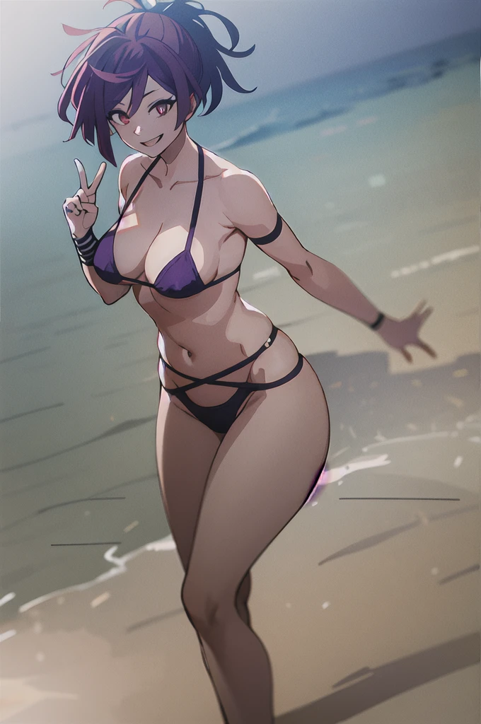 yuzuriha\(jigokuraku\), 1girl, solo, breasts, cleavage, breasts_focus, big breasts, purple bikini, bare shoulders, collarbone, underboob, thick thighs, slim waist, one leg up, standing, peace sign, smiling, in water, beach, masterpiece, high resolution