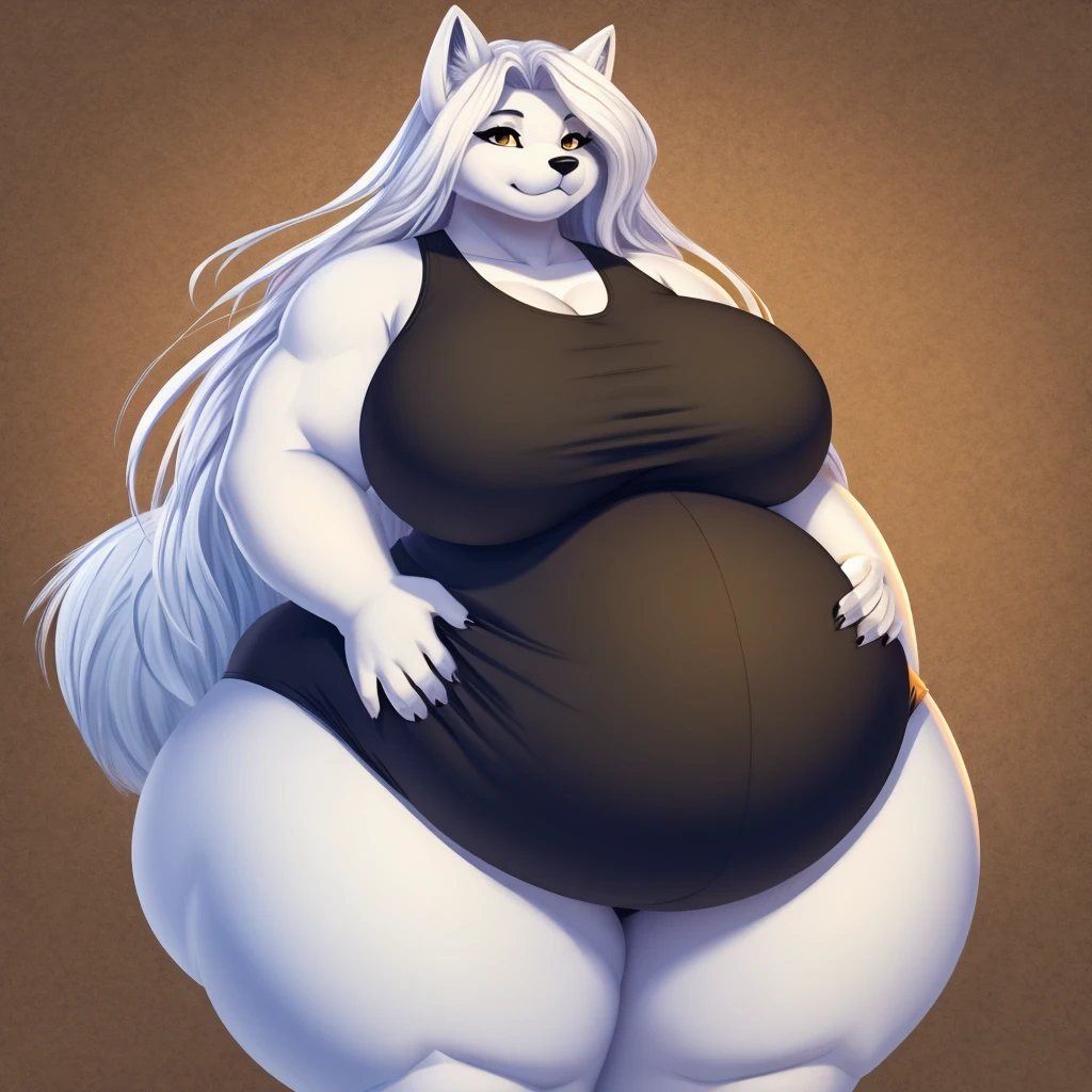  wolf, female, long hair, huge breasts, huge hips, huge thighs, plump, voluptuous, gorgeous, beautiful, eyelashes, cream hair, bushy hair,thick hair, morbidly obese, big bushy tail 