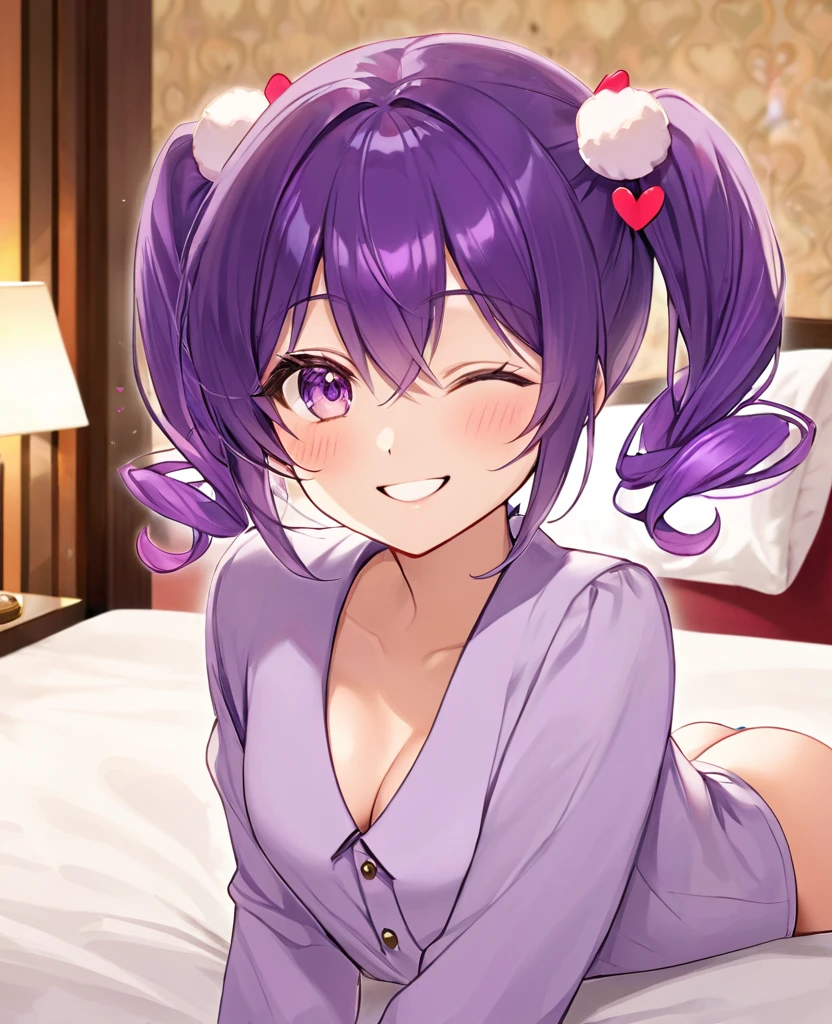 Purple Hair、Twin tails、Heart Eyes、Heart Eye、smile、Hotel、bed