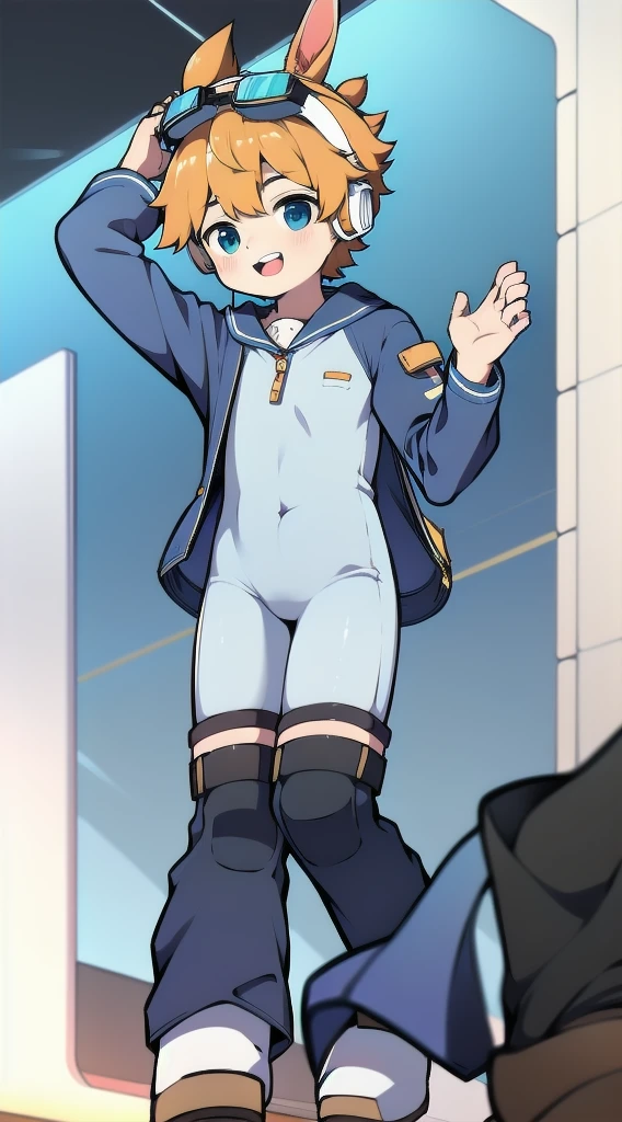 2D Shonen Shota,One-piece suit,Slim, healthy body,Put the headphones on your head,stand up,goggles,Rabbit ears,Happy,Sailor collar,boots,charming,Akimbo