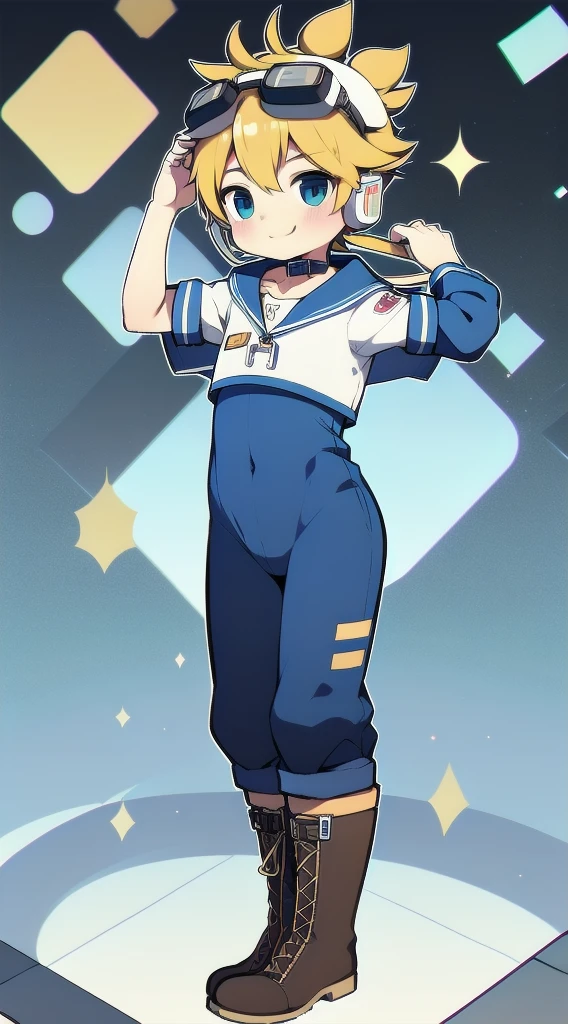 2D Shonen Shota,One-piece suit,Slim, healthy body,Put the headphones on your head,stand up,goggles,Rabbit ears,Happy,Sailor collar,boots,charming,Akimbo