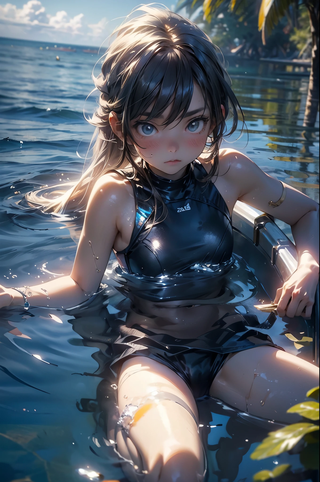 masterpiece, best quality, extremely detailed CG unity 8k wallpaper, Woman in colorful bikini swimsuit, 18-year-old, Calm sea, Beach, ((On the surface of the water, he lies on his back on a swim ring and looks up at the sky with a comfortable look)), Dazzling sunlight, Lens flare, Octane Rendering Style, Overall particle light, Crystal clear seawater, Realistic representation of water, Bokeh, Daytime
