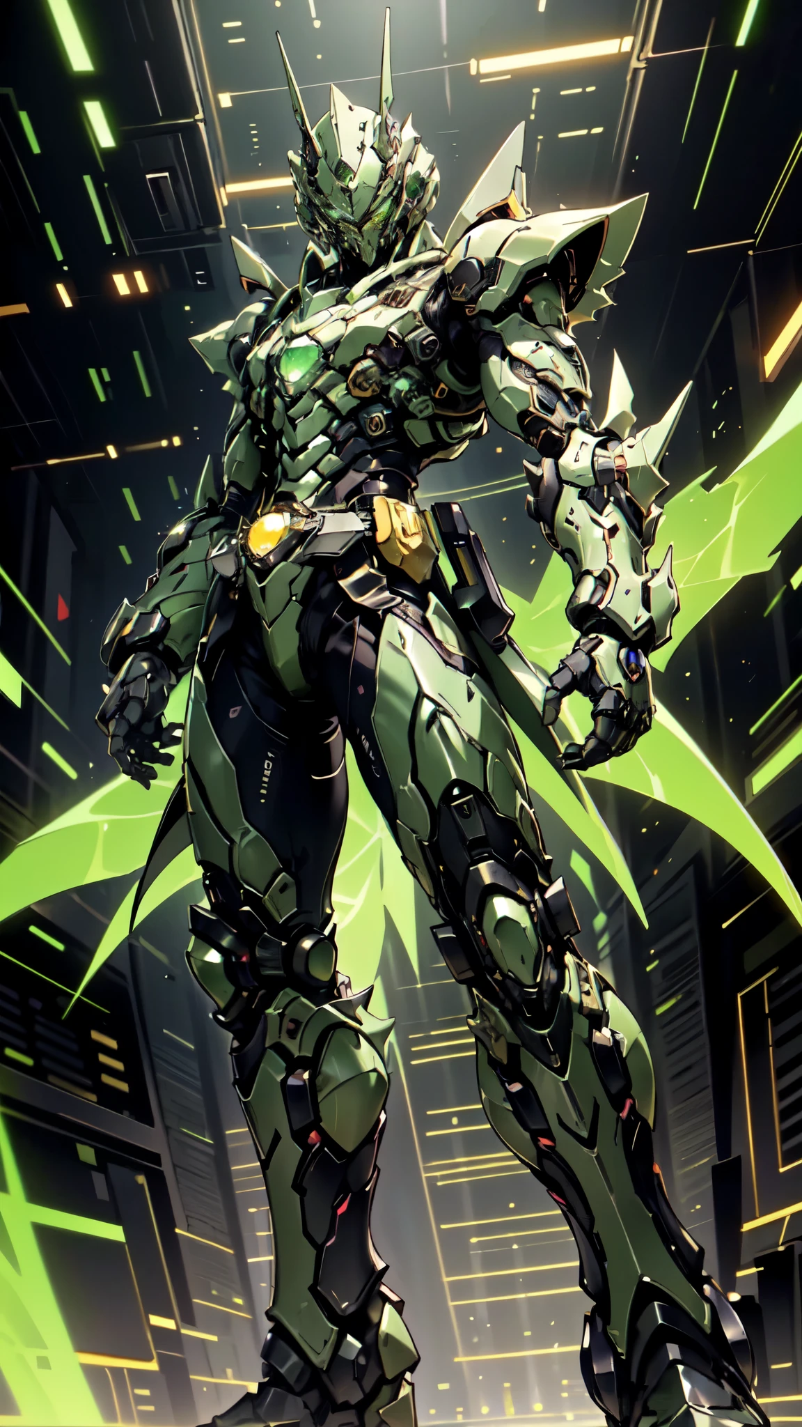 (masterpiece:1.5, best quality:1.5, extremely delicate:1.5, foreshortening:1.5, dynamic angle:1.5), a man wearing a full-face helmet, a fantasy-style biotech armored combat suit, green eyes, (a composite layered chest armor), fully enclosed shoulder guards, matching arm and leg guards, the belt is adorned with neon circuitry, (the color scheme is primarily black glow with green and red accents), the design balances heavy with agility, a high-tech bio-mecha armor, (Armor Concept Inspired by neon Cyberpunk, stand on the top of a skyscraper in a futuristic sci-fi city), this character embodies a finely crafted fantasy-surreal style armored hero in anime style, exquisite and mature manga art style, (element, plasma, energy, the armor glows), ((male:1.5)), metallic, high definition, highres, ultra-detailed, ultra-fine painting, professional, perfect body proportions, golden ratio, anatomically correct, symmetrical face, extremely detailed eyes and face, high quality eyes, creativity, RAW photo, UHD, 32k, Natural light, cinematic lighting, masterpiece-anatomy-perfect