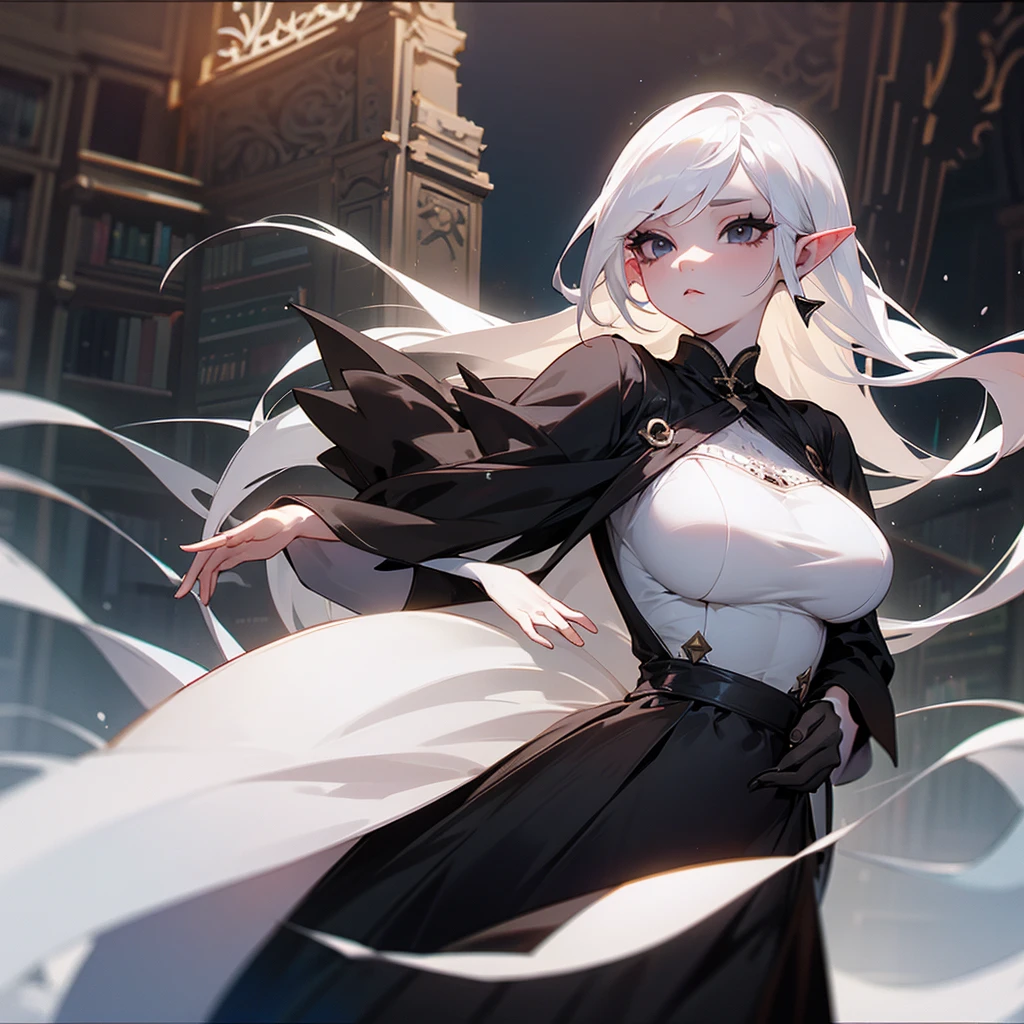 An albino girl in both hair and eyelashes, a warm look of black eyes and a beautiful black dress with big breasts and pointed ears with a bookstore background