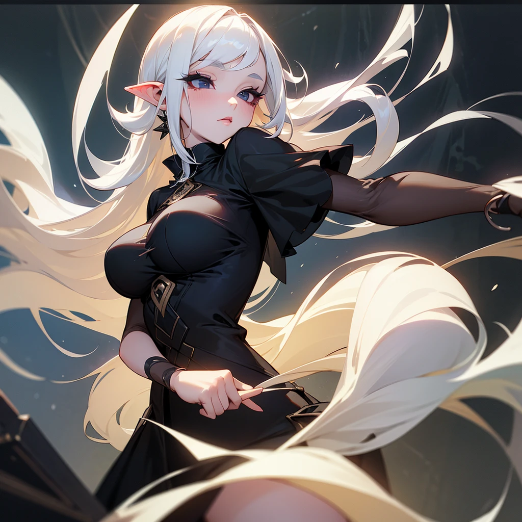 An albino girl in both hair and eyelashes, a warm look of black eyes and a beautiful black dress with big breasts and pointed ears with a bookstore background