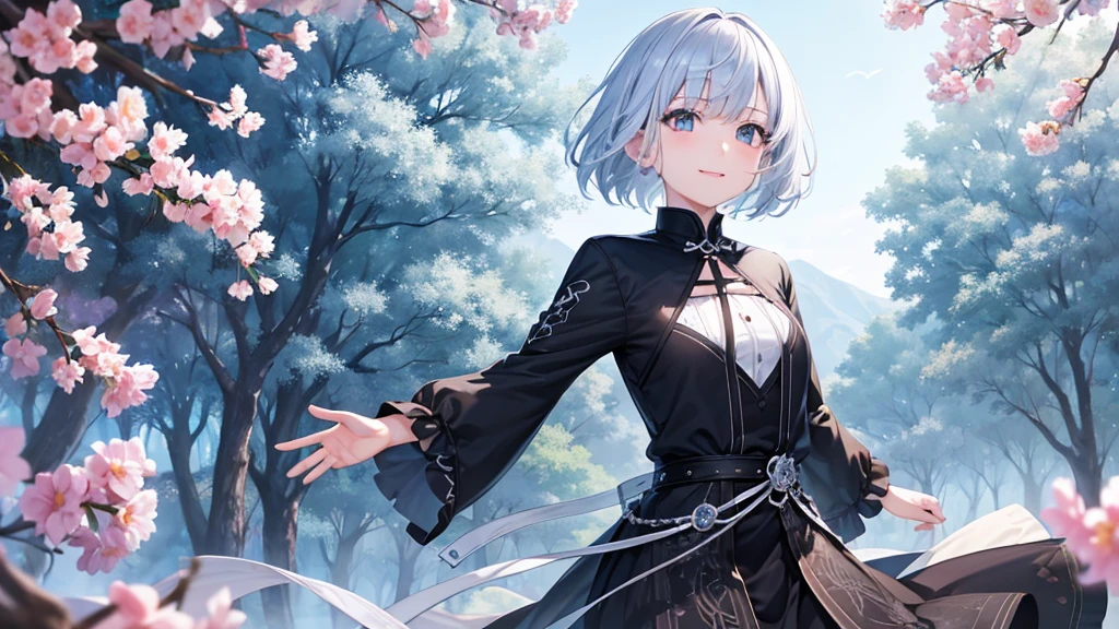 Ultra HD,Look at the viewers, One girl, 20-year-old, 非常にShort Hair, Long bangs between the eyes, Pale blue eyes, Very detailed,(masterpiece、Highest quality),Gray Hair、Laughter、Fantastic, Silver Hair, Iris, Short hair、 Fluttering Hair、Small Face、明るいsmile、(Detailed face) ,Professional Lighting,Wonderful landscape,blue sky, sunlight,Looking down from above,Portraiture、Open your mouth、Flower Field、Her eyes were shining、Mysterious and enchanting atmosphere。With AI Painting、とてもShort Hair, Long bangs between the eyes, Very detailed,(masterpiece、Highest quality)、alone、Gray Hair、Fantasy, Silver Hair, Fantasyな風景、smile、Open your mouth、short hair、Short Hair、hairpin、black eye、Grey Eyes、Beautiful Eyes、White shirt、Jacket、I can see the neck、The clavicle is visible