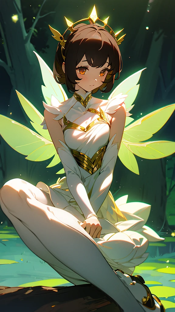 1 girl, dark brown hair, gold eyes, White skin, dressed in a white dress with lace and pleats, fairy wings, shy posture, whole body, sitting on a tree throne, green lights, Moonlight, flower crown on her head, soft smile, gentle.