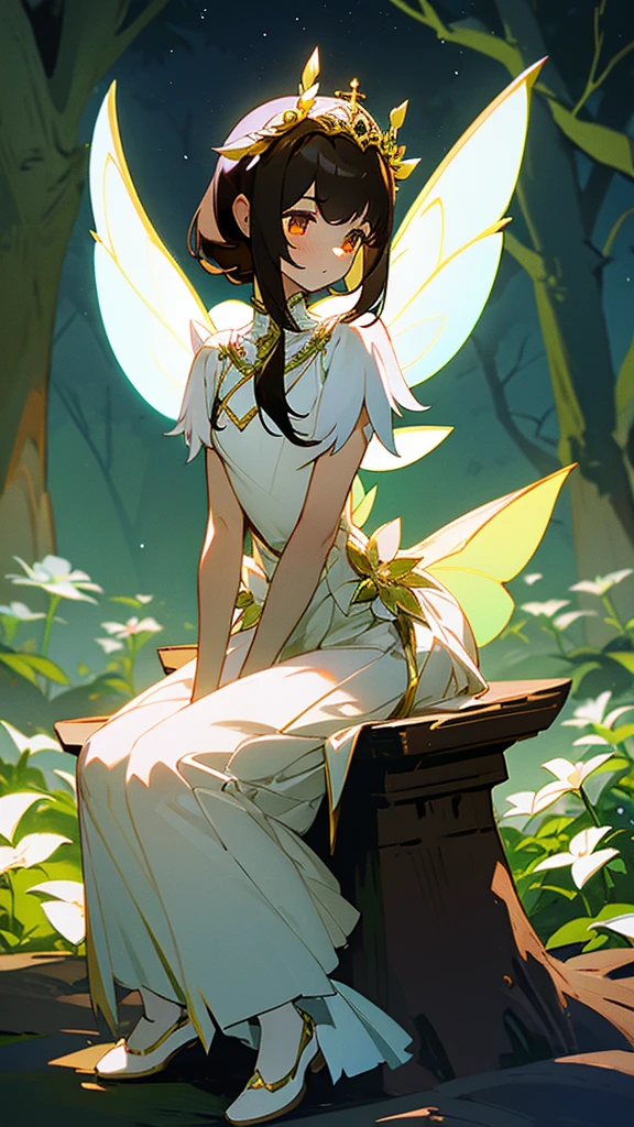 1 girl, dark brown hair, gold eyes, White skin, dressed in a white dress with lace and pleats, fairy wings, shy posture, whole body, sitting on a tree throne, green lights, Moonlight, flower crown on her head, soft smile, gentle.