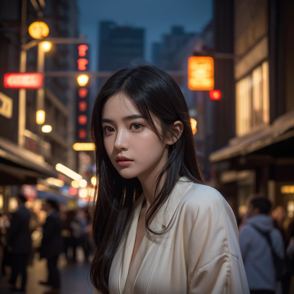 a village girl, beautiful detailed eyes, beautiful detailed lips, extremely detailed eyes and face, long eyelashes, standing quietly, surrounded by the hustle and bustle of the city, unfamiliar urban landscape in the background, cinematic lighting, vibrant colors, intricate details, dramatic composition, artistically enhanced, (best quality,4k,8k,highres,masterpiece:1.2),ultra-detailed,(realistic,photorealistic,photo-realistic:1.37),cinematic atmosphere, dramatic lighting, intricate details, depth of field, masterfully crafted, award-winning