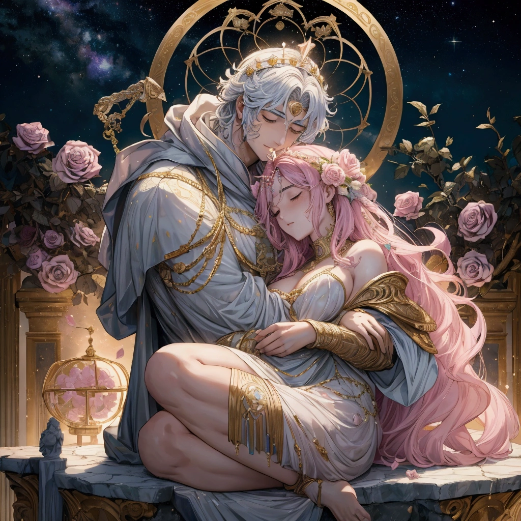 "Yab-Yum": A colossal Roman emperor named Constantine I, encircled by the love of a girl hailing from the Land of the Rising Sun, snuggles up to the head of his statue. They form a contented couple, radiating love that transcends the boundaries of faith and religion. This love, encapsulated within their embrace, is a microcosm of the universe – a galaxy, a clear sky before dawn, and a tranquil garden where time stands still. Their love story unfolds on a marble floor, adorned with colorful ores such as diamonds, morganite, kunzite, rose quartz,
