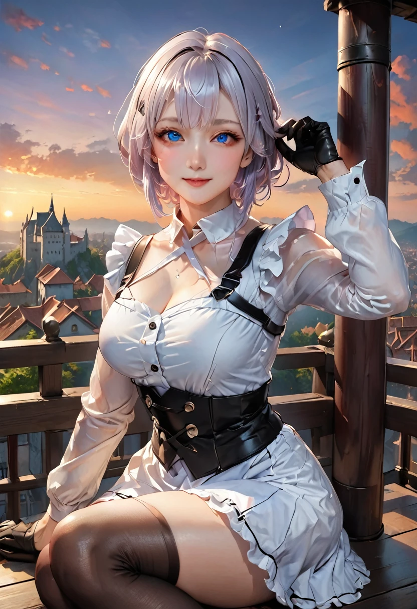 Illustration of one person, Dengeki Bunko, Woman looking back, Perfect Human Medicine, Women continue to fall, {{{{{Maid clothes}}}}},,anime, Two legs, nice,{{{{{50-year-old woman}}}}} ,{{{{{a person is depicted}}}}},(Official Art、{{{{{Upper Bodyアングル}}}}},Highest quality、unity 8k wallpaper、32k、masterpiece、Super detailed、Ultra-high resolution, Realistic、Grabbing your hair with your hands, Realistic:1.2)、(Cinema Lighting:1.2)、,Fire glow effect、The most grainy shadows on the film、Rim Light、Side light、Side Shot、(Super detailedで複雑な3Dレンダリング)、Very short hair, Short wolf hair,細部までBeautiful Faceと目、Sharp pupils、Realistic生徒、thin、Highly detailed background、Beautiful Face、Beautiful 16 year old girl、(Super detailedなスキン、Detailed skin texture:1.Silver Hair:1.3)、Blunt bangs、blue eyes、{{{{{黒いMaid clothes}}}}}、White apron costume、Black knee socks、(Thighs Thighs Thighs Thighs:0.8)、Black bhutanese pole and beautiful sunset、Medieval castle、Dancing on the Tower Roof、(avert your eyes、Overlooking the city:1.3)、wonderful、Chew with your mouth closed, Make your face smaller, (Tabletop), Highest quality, Perfect Face, 1 Girl, alone, Eye color is light blue, Hair between the eyes, Very short hair, blue eyes, Silver Hair, Knee-high boots, corset,Black gloves, Long sleeve, Upper Body,