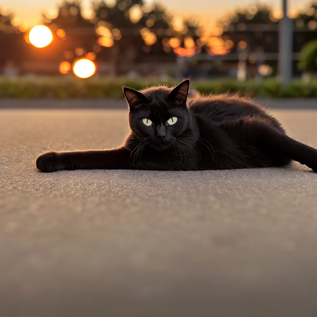 black cat, fluffy, very relaxed, Lying on his back, in the sun, resting on a tough day, Happy Wise. Rather than life, installing, I strike a daring pose, playful pose, relaxing after a hard daySharp focus, dramatic, award winning, cinematic lighting, volumetrics dtx, (film grain, blurred background, blurred foreground, bokeh, depth of field, sunset, motion blur:1.3), 4K, 8K, HD, HDrthere is a cat that is installing on the ground, painting by Heather Hudson, Reddit, Realism.