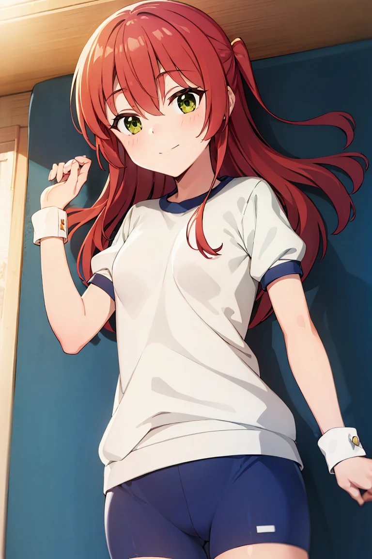 room, 1 Girl, Highest quality, Ultra-high resolution, Long Hair, Redhead, Green Eyes,Looking at the audience, Small breasts , smile, Open your mouth、Cowboy Shot、(Navy blue cuffs and white short-sleeved gym uniform)、(Navy Blue Bloomers)、(
barefoot)、Navy blue socks、Sleeping in bed