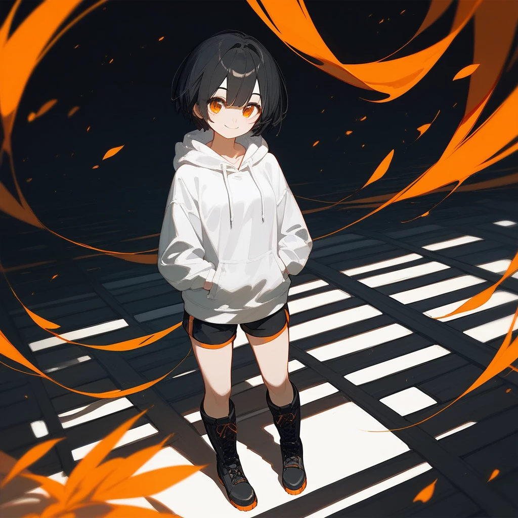 ,1 Girl,White hoodie,beautiful_face、Black Hair、Short Bob Hair、Solo Illustration、Orange eyes、Shorts、Black boots、smile、cute composition、Are standing