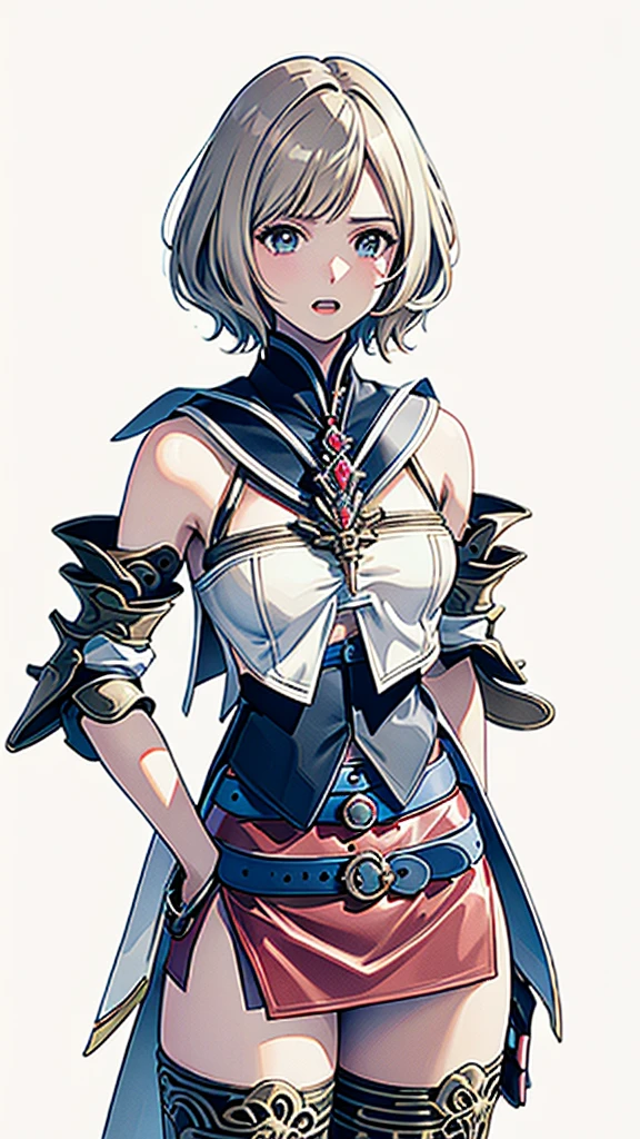 White background,appearance々Facial expressions,cowboy shot,(masutepiece, of the highest quality, Best Quality, Official art, Beautiful and aesthetic:1.2), ighly detailed, Colorful,highest details,Illustrations,Everyday scenery, 1girl in, Solo, (Final Fantasy 12,Ashelia, shorth hair,short-hair ,Ashelia Costume,Red mini skirt, thighs thighs thighs thighs, Knee socks that cover up to the shin,jewely, Blue belt,Number on one of the belts), is standing, gritted teeth, Heavy breathing, move chart,Medieval fantasy