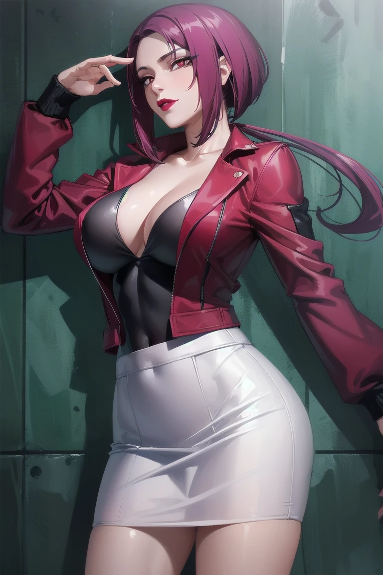 ((Highest quality)), ((masterpiece)), (Familiar), Hazy, One Woman, Mature Woman,Purple Hair, short hair, eye shadow, Low Ponytail, lipstick, Detailed face, Red eyes,Large Breasts, Black jacket, White tight skirt