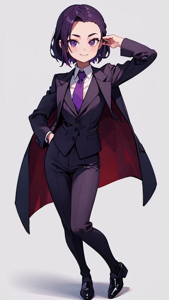 1.Cross-dressing girl,suit,Hair style slicked back,Dark purple hair,Leather shoes,whole body,White background,濃い紫のsuit,濃い紫のsuitズボン,Photographer,Single-lens reflex camera,Cool standing figure,Purple tie,With a smile on your face