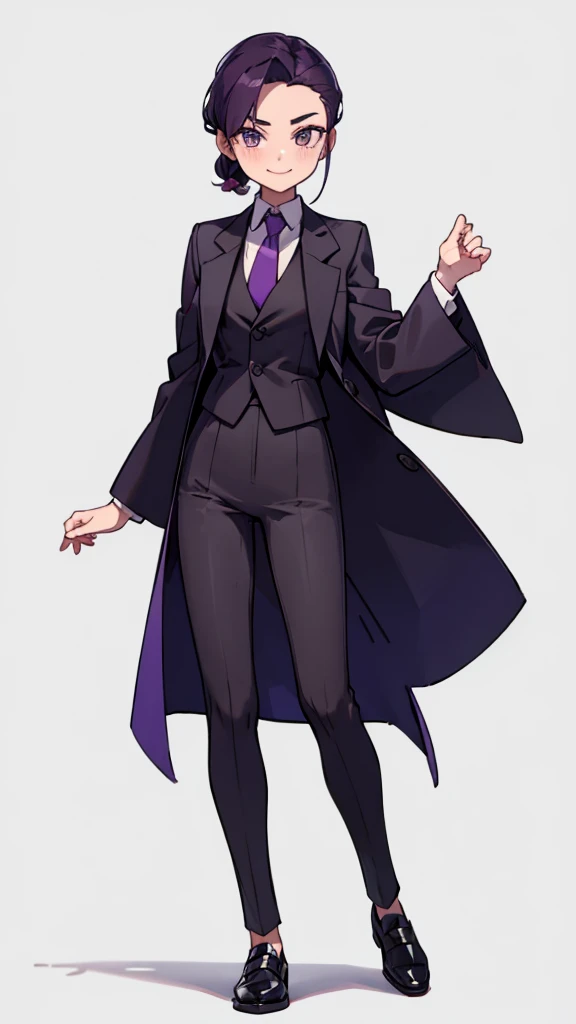 1.Cross-dressing girl,suit,Hair style slicked back,Dark purple hair,Leather shoes,whole body,White background,濃い紫のsuit,濃い紫のsuitズボン,Photographer,Single-lens reflex camera,Cool standing figure,Purple tie,With a smile on your face