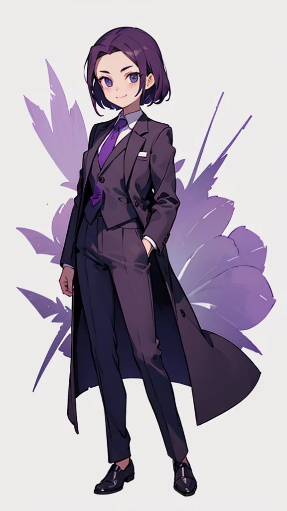 1.Cross-dressing girl,suit,Hair style slicked back,Dark purple hair,Leather shoes,whole body,White background,濃い紫のsuit,濃い紫のsuitズボン,Photographer,Single-lens reflex camera,Cool standing figure,Purple tie,With a smile on your face