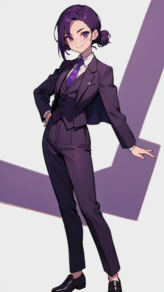 1.Cross-dressing girl,suit,Hair style slicked back,Dark purple hair,Leather shoes,whole body,White background,濃い紫のsuit,濃い紫のsuitズボン,Photographer,Single-lens reflex camera,Cool standing figure,Purple tie,With a smile on your face