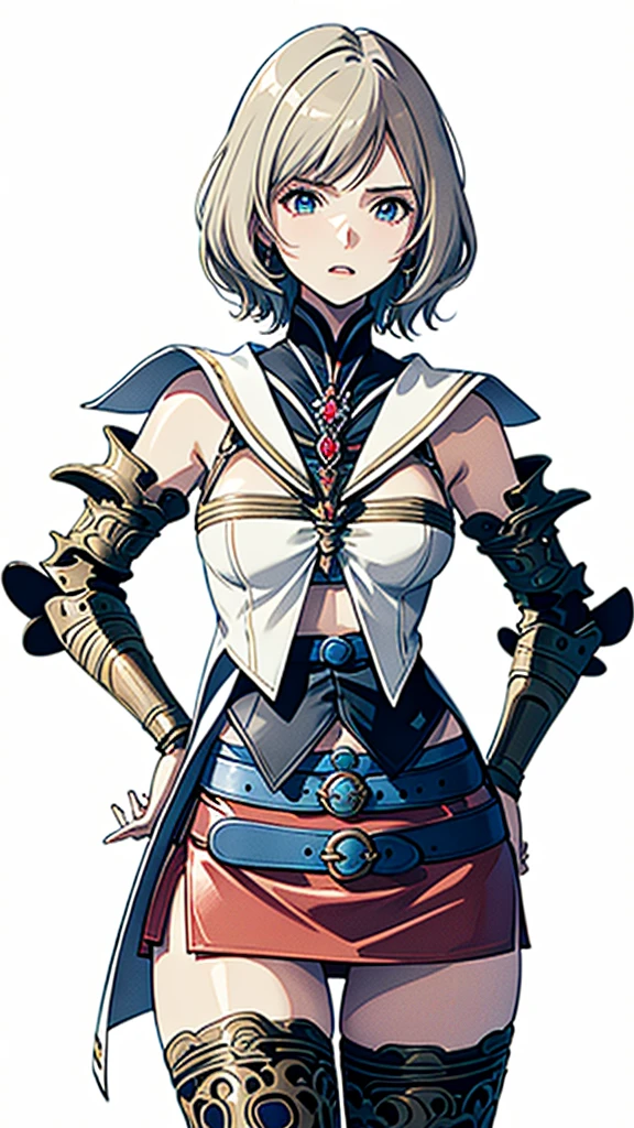 White background,appearance々Facial expressions,cowboy shot,(masutepiece, of the highest quality, Best Quality, Official art, Beautiful and aesthetic:1.2), ighly detailed, Colorful,highest details,Illustrations,Everyday scenery, 1girl in, Solo, (Final Fantasy 12,Ashelia, shorth hair,short-hair ,Ashelia Costume,Red mini skirt, thighs thighs thighs thighs, Knee socks that cover up to the shin,jewely, Blue belt,Number on one of the belts), is standing, gritted teeth, Heavy breathing, move chart,Medieval fantasy