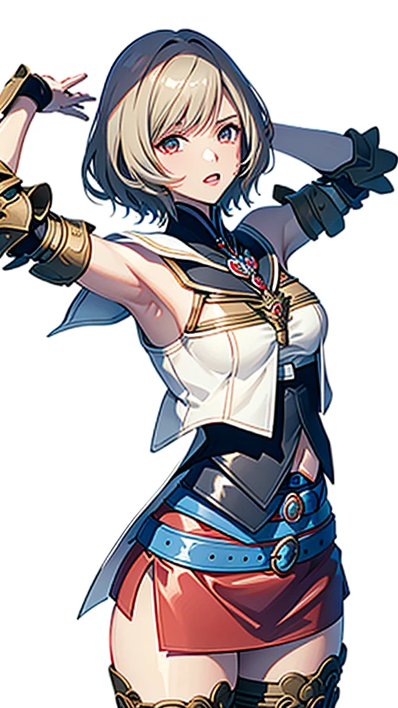 White background,appearance々Facial expressions,cowboy shot,(masutepiece, of the highest quality, Best Quality, Official art, Beautiful and aesthetic:1.2), ighly detailed, Colorful,highest details,Illustrations,Everyday scenery, 1girl in, Solo, (Final Fantasy 12,Ashelia, shorth hair,short-hair ,Ashelia Costume,Red mini skirt, thighs thighs thighs thighs, Knee socks that cover up to the shin,jewely, Blue belt,Number on one of the belts), is standing, gritted teeth, Heavy breathing, move chart,Medieval fantasy