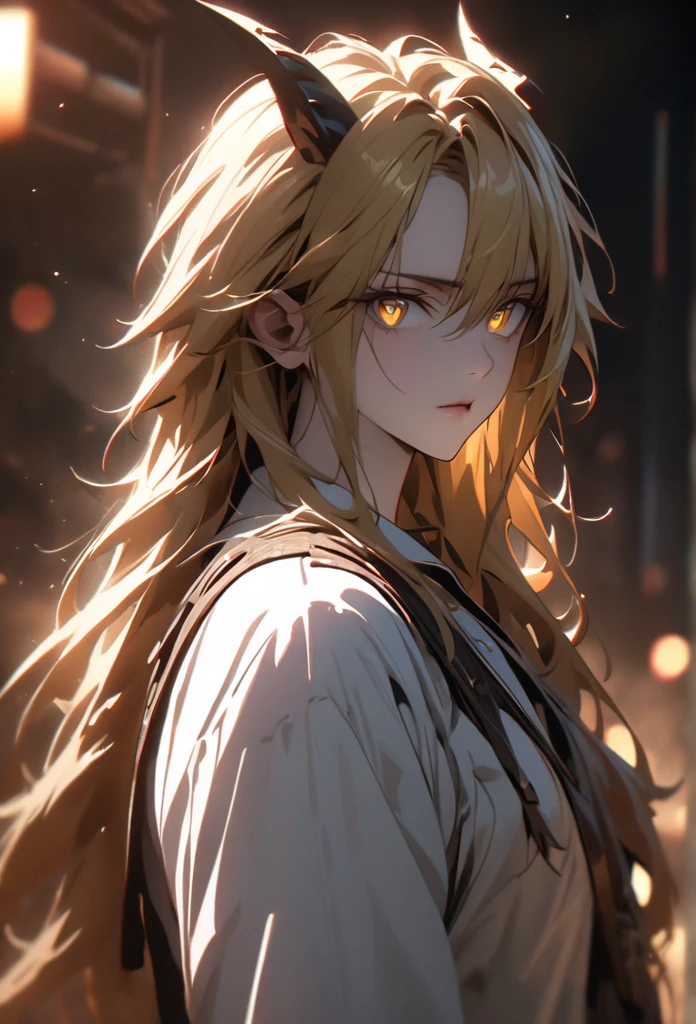 (solo), masculine, yellow hair, messy hair, mane hair, long hair, dense hair, wild hair, expressive hair, mature,(25 year old), pale skin, yellow eyes, ((man)), wearing a white dress shirt, serious, ((Yellow dragon horns)), handsome, attractive, eye reflection, depth of field, thunder aura,cinematic lighting, ray tracing, depth of field, cinematic lighting, ray tracing, UHD, high details, best quality, highres, high quality, award winning, super detail, masterpiece, 8k, UHD, high details, best quality, highres, high quality, award winning, super detail, masterpiece, 8k, digital art, anime coloring, body shot, good face, perfect face, detailed face, good eyes, facing foward