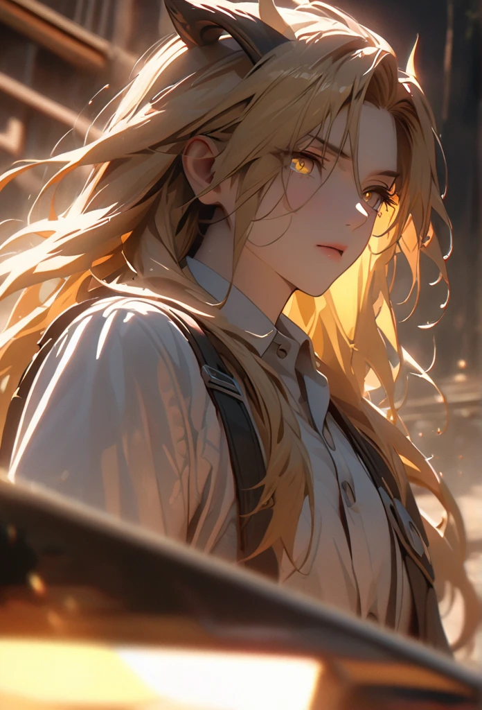 (solo), masculine, yellow hair, messy hair, mane hair, long hair, dense hair, wild hair, expressive hair, mature,(25 year old), pale skin, yellow eyes, ((man)), wearing a white dress shirt, serious, ((Yellow dragon horns)), handsome, attractive, eye reflection, depth of field, thunder aura,cinematic lighting, ray tracing, depth of field, cinematic lighting, ray tracing, UHD, high details, best quality, highres, high quality, award winning, super detail, masterpiece, 8k, UHD, high details, best quality, highres, high quality, award winning, super detail, masterpiece, 8k, digital art, anime coloring, body shot, good face, perfect face, detailed face, good eyes, facing foward