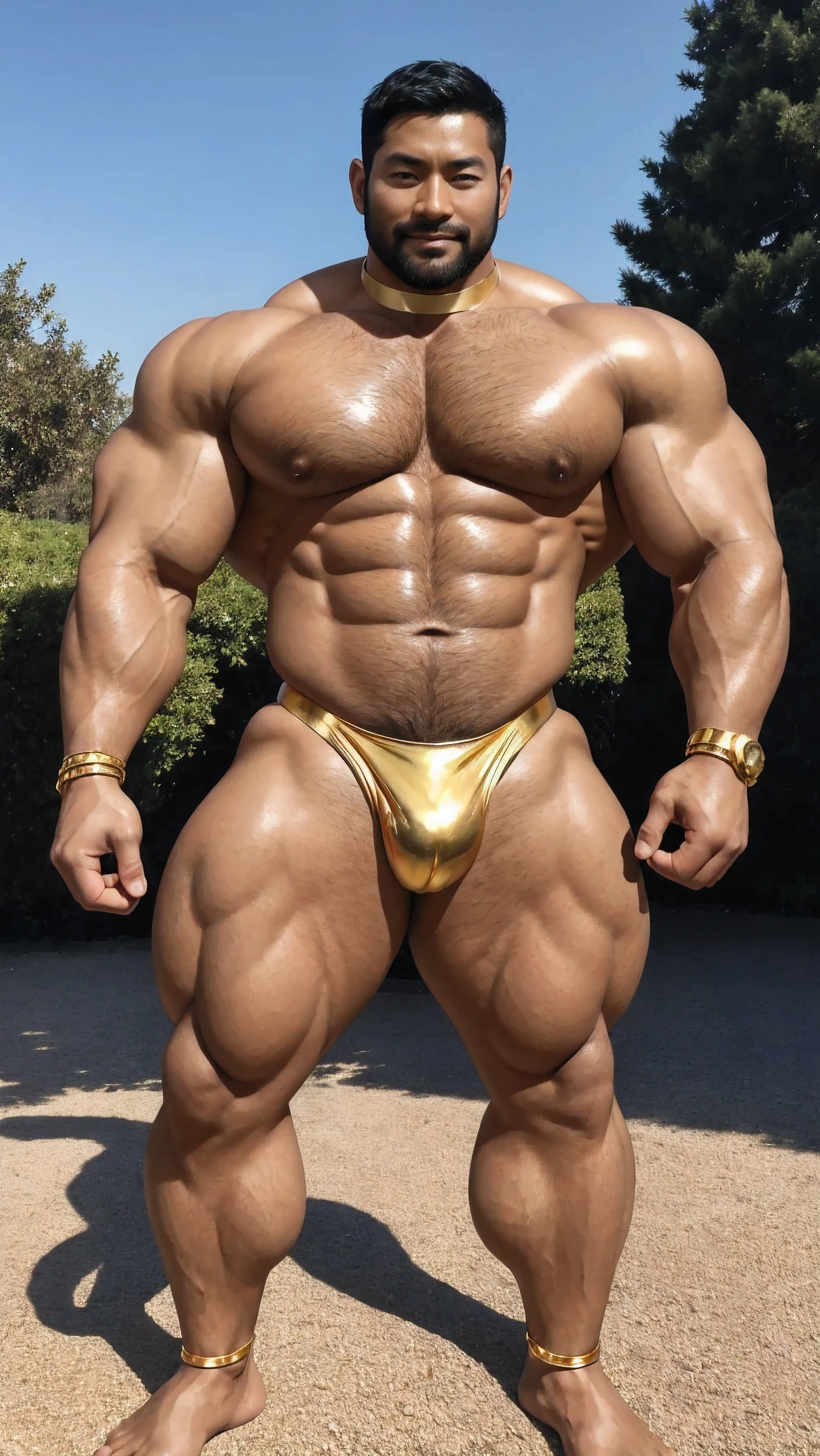 There is only one handsome Asian actor in the photo，35 years old，High target, Fitness，Smooth body，Smooth skin，No chest hair，short hair, O-Shaped Beard，Perfect body, Dark skin color，Radiant Skin，Smooth skin，Shiny, shiny skin，Smooth pectoral muscles，Muscle bulge, muscular, Very large pectoral muscles，Very sexy abdominal muscles，Very well-developed leg muscles，Huge concave and convex area，Brightens oily skin，Wearing a shiny gold leather thong，Handsome face，Normal human toes，Correct and accurate male body proportions，Gold Collar，Gold bracelet，Gold anklets，Disney Prince Style，dusk, Dynamic poses，Gradient sky, Gorgeous fantasy magic，Castle Background。
