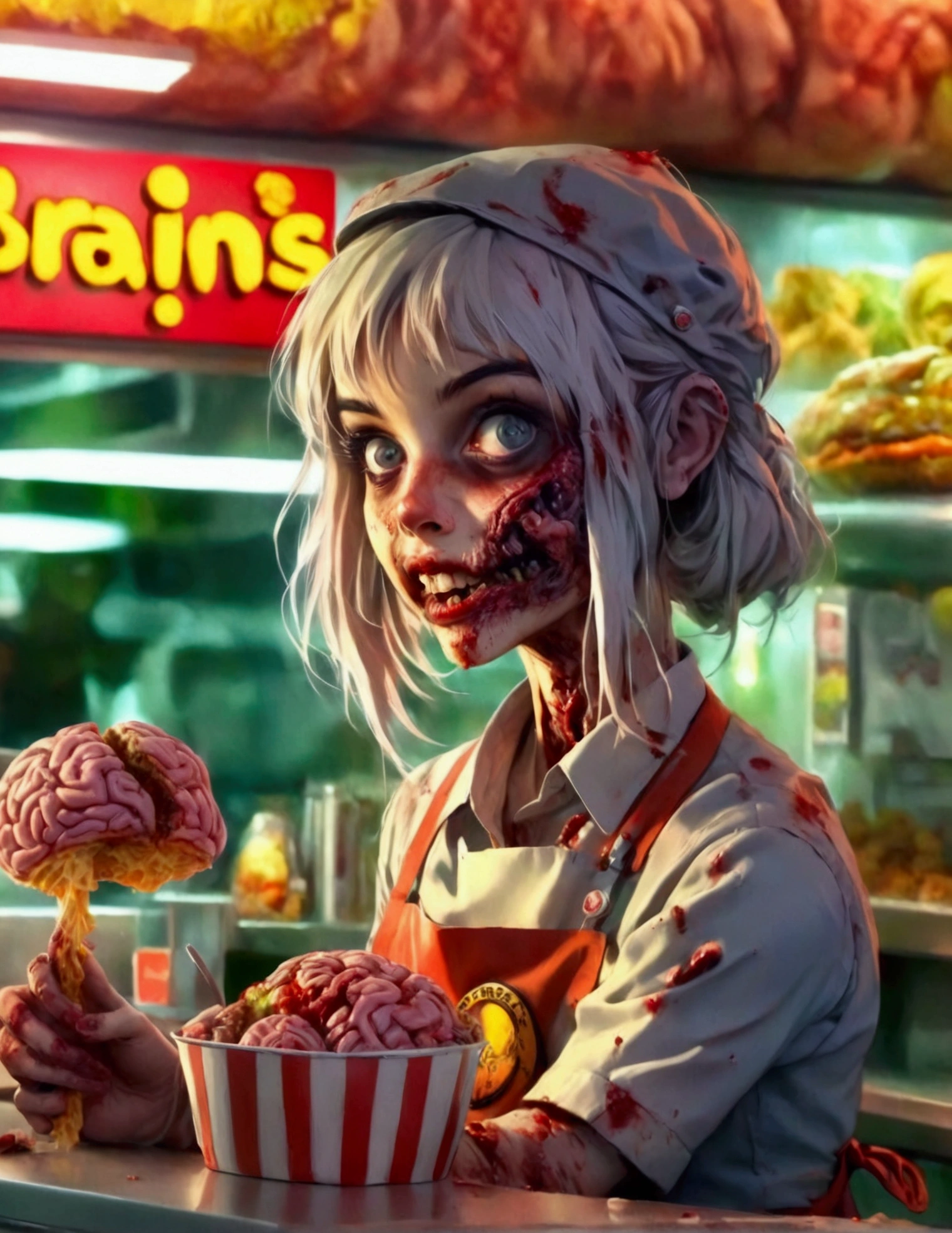 A friendly zombie fast food worker (cute woman, mouth stitched shut some decay, death pallor, work uniform) working behind a counter serving customer zombies brain themed items, restaurant name 'Brains'