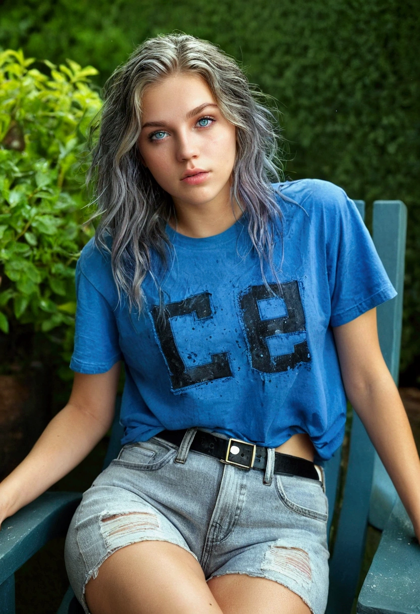 A REALISTIC, full-body image of female laurence bedard, Age 20 dressed in wet cropped T-shirt and ripped jeans. perfect-eyes, captivating-gaze, perfect-lips, perfect-anatomy, stunningly-beautiful, high-saturation, 35mm-raw-photo. She has blue eyes and a grey-dark-roots hair style. And is in a garden, And she is lying on a lounger sunbathing