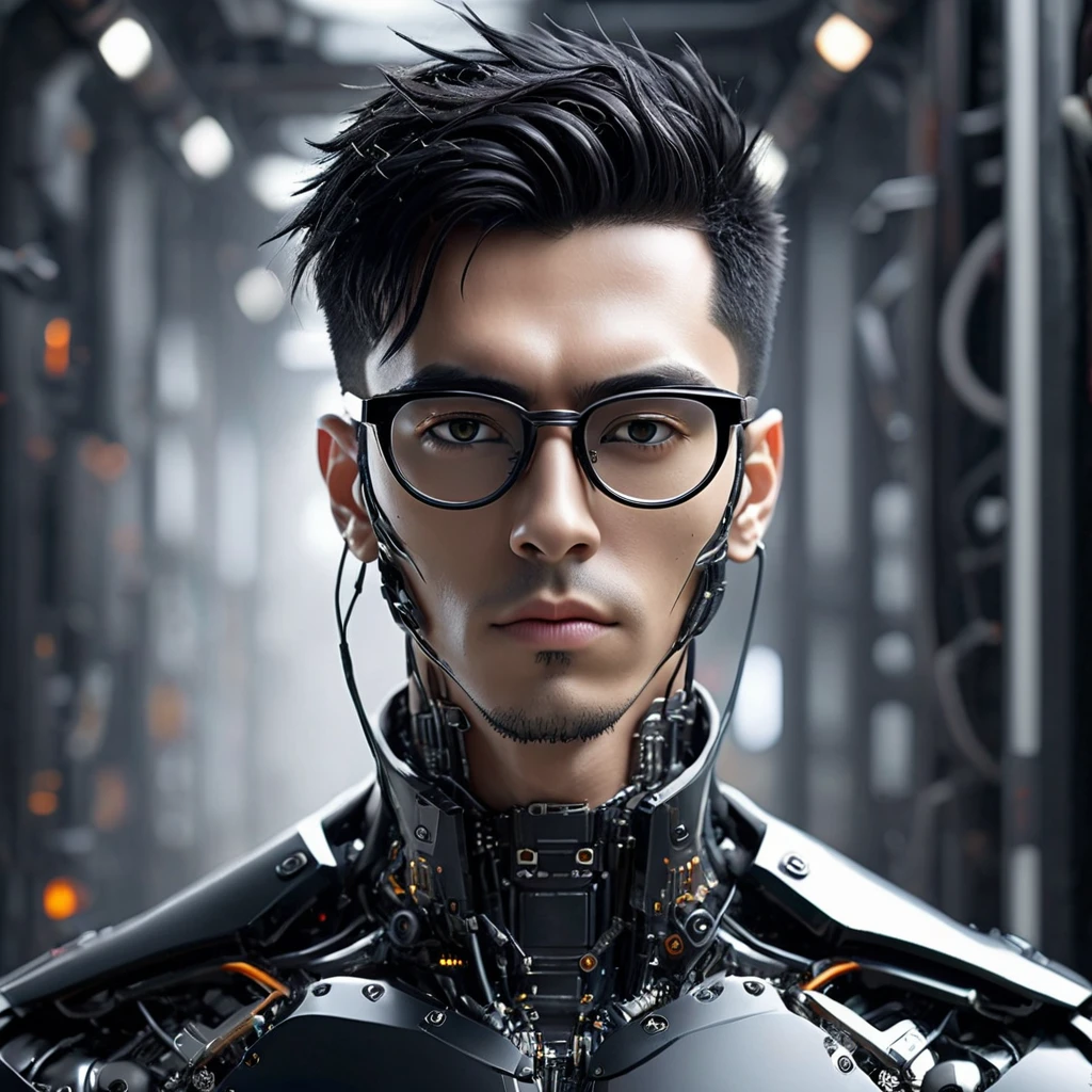 Male robot body hair with black-rimmed glasses with undercut hair, Look to the camera ::futuristic cyberpunk style ,realistic styling ::n_digital painting style, robotic parts, face perfect::seed 1、Black Edged Hair、large nose、Black-based clothing, photo by full body, White background