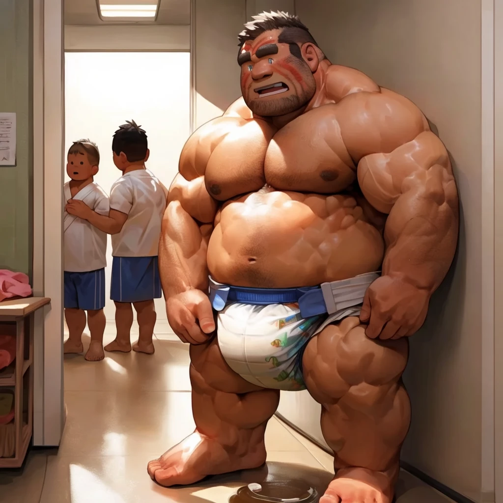 A man wearing a diaper is standing in the toilet, Sumo wrestlers, Muscular character, Muscular!!, Huge muscular bodybuilder ddler, Muscular characters, Sumo Japanese, Muscular!, Big muscles, Big muscless, Muscular!!!, Muscular and terrifying, Big muscles, Boob proportions, extremely Muscular, Exaggerated large size, Looks heavy, so beautiful. Big muscless