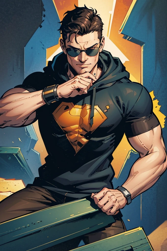 ((illustration)), (best quality)), ((masterpiece)), (detailed), ((epic)), teenage, boy, dark hair, brown eyes, muscular, shirt, black hoodie, sunglass, smirking, solo, gauntlet, day, stylish, slick hair, modern, superhero landing, image cover