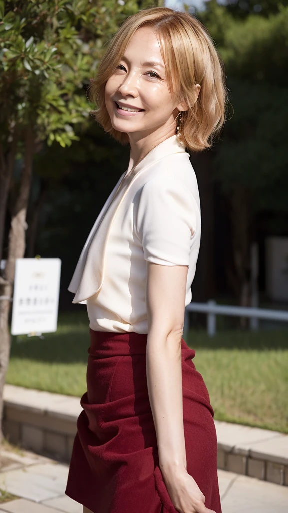((Highest quality)), ((8K)), ((masterpiece:1.3)), (Perfect look), (Photorealism:1.6), (JMA), (KE), (The back view of a Japanese mature woman), (振り向くJapanese women), (Outdoor event venue: 1.2), (Large crowd), Japanese women, 60 years old, ((Realistic skin texture)), (Fine wrinkles appear all over the skin: 1.3), (Dullness: 1.1), (Unmoisturized skin: 1.2) , (Facial wrinkles: 0.9), (Wrinkles around the eyes: 1.2), double eyelid, Lower eyelid tear trough, The eyes are looking here, (Dimples: 1.2), BREAK(Red lips),BREAK 短い前髪, short hair, (Blonde Hair), (Smooth Hair), Lips open, Open mouth and smiling with the corners of the mouth turned up, (Ascot Shirt), Irregular hem skirt, pumps, Small breasts, Small breasts, Flat Chest, (Slimming), (whole body), View from the feet,