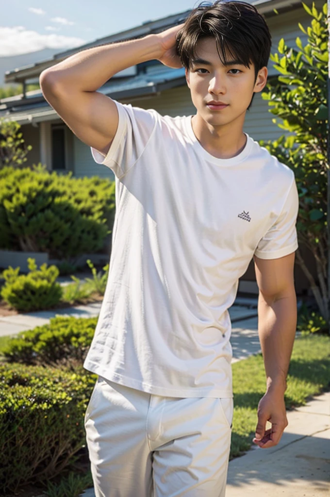 A handsome, muscular young Asian man looks at the camera. In a plain white t-shirt , Fieldside, grass, beach, sunlight