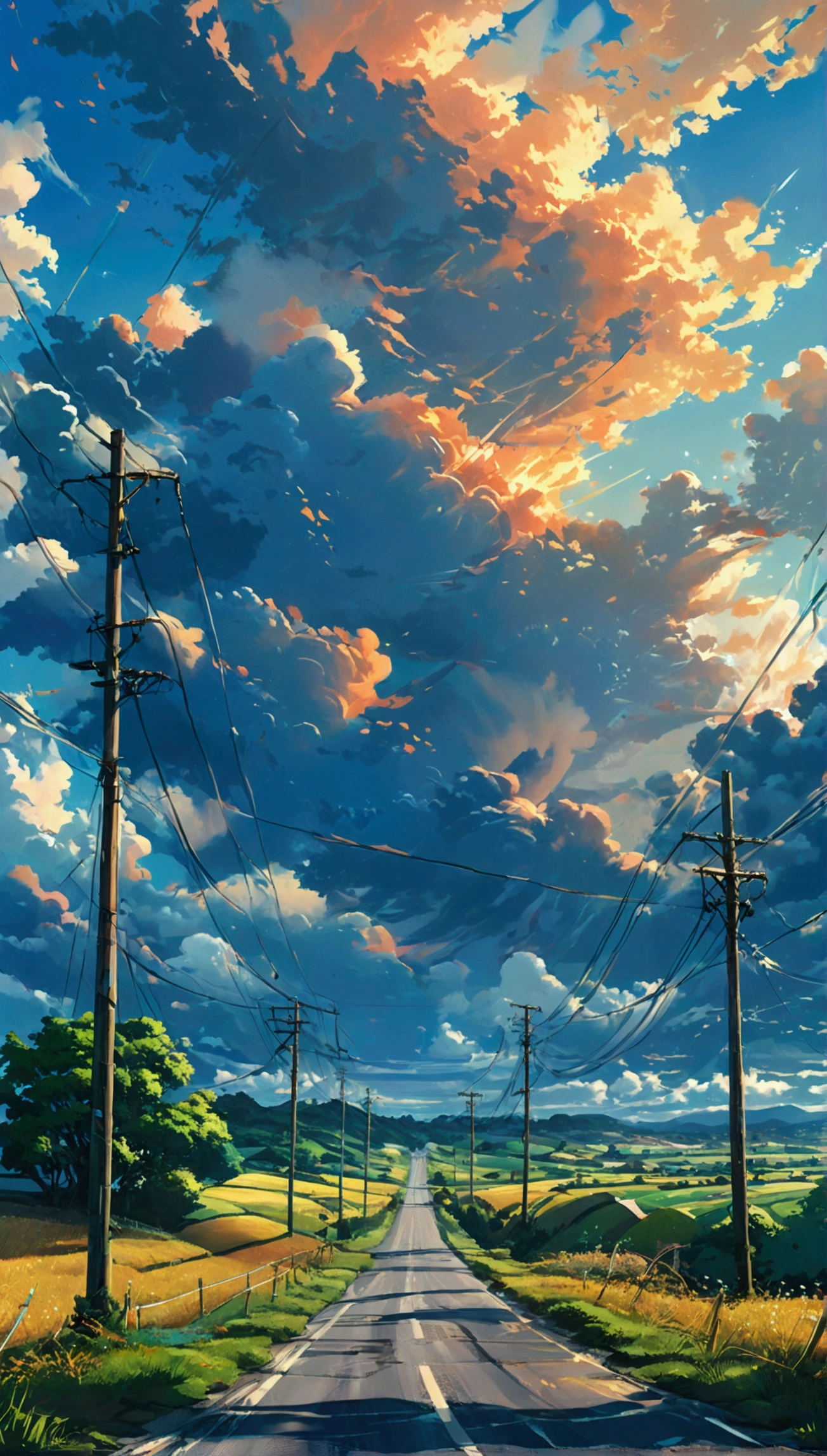 There is a painting of a road with wires and poles, anime countryside landscape, Anime background art, Anime landscape, Highly detailed illustration.”, anime style cityscape, Makoto Shinkai's style, anime backgrounds, Anime landscapes, in the style of makoto shinkai, drawn in anime painter studio, beautiful anime scenery, Anime landscape concept art, low details. Digital painting