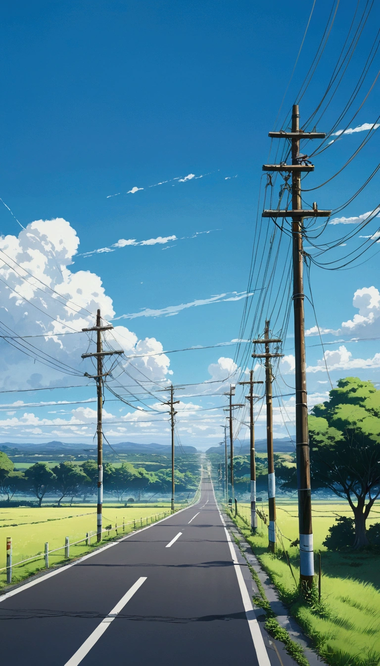 There is a painting of a road with wires and poles, anime countryside landscape, Anime background art, Anime landscape, Highly detailed illustration.”, anime style cityscape, Makoto Shinkai's style, anime backgrounds, Anime landscapes, in the style of makoto shinkai, drawn in anime painter studio, beautiful anime scenery, Anime landscape concept art, low details. Digital painting