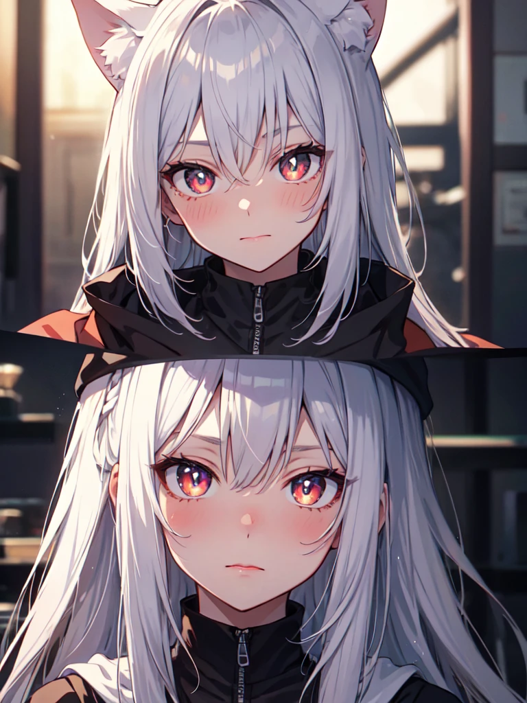 shy, embarrassed, blush, closed mouth, bright pupils, glint, red lips, nose blush, cat ears, longeyelashes, slit pupils, wide eyes, amber eyes, shiny hair, long hair, silver hair, high detail, anime, anime style, depth of field, cinematic lighting, ray tracing, masterpiece, accurate, anatomically correct, super detail, high details, high quality, best quality, highres, 4K