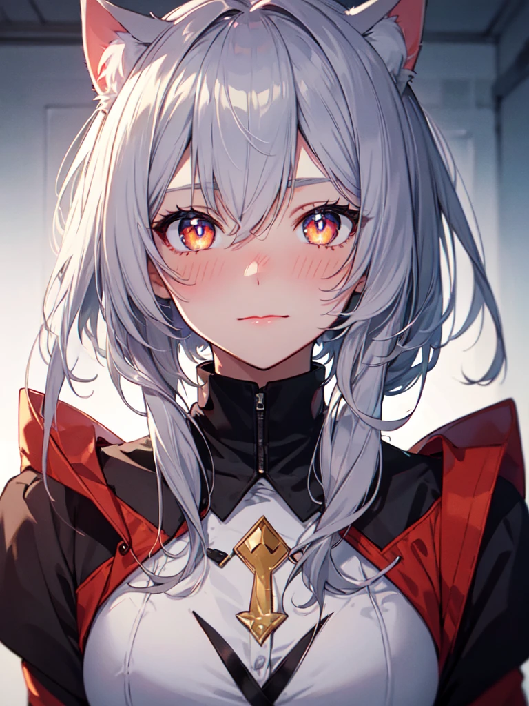 shy, embarrassed, blush, closed mouth, bright pupils, glint, red lips, nose blush, cat ears, longeyelashes, slit pupils, wide eyes, amber eyes, shiny hair, long hair, silver hair, high detail, anime, anime style, depth of field, cinematic lighting, ray tracing, masterpiece, accurate, anatomically correct, super detail, high details, high quality, best quality, highres, 4K