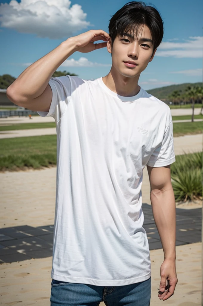 A handsome, muscular young Asian man looks at the camera. In a plain white t-shirt , Fieldside, grass, beach, sunlight