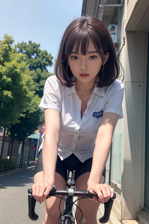(((Best image quality、Highest quality、At 32K、Ticker、Photo 1.2、Extremely clear images、Extremely clear images quality、Photorealistic 1.3、Super Photo,Highest quality、CG Unity 32k Wallpaper, Highest quality, High resolution:1.2)))、Beautiful Japanese office lady, Age 25, White blouse,Super mini pleated skirt, Lace pantyhose, Random Color,Raw photo with both, Cute face、body、Esbian、Real Light,Ray Tracing,OC Renderer,UE5 Renderer,Masterpieces,Correct Anatomy、i am very、Riding a bike 1.4、Mamachari, In the saddle、Pedaling, Angle 1 from below.4、Low angle 1.4, In town, There is a strong headwind
