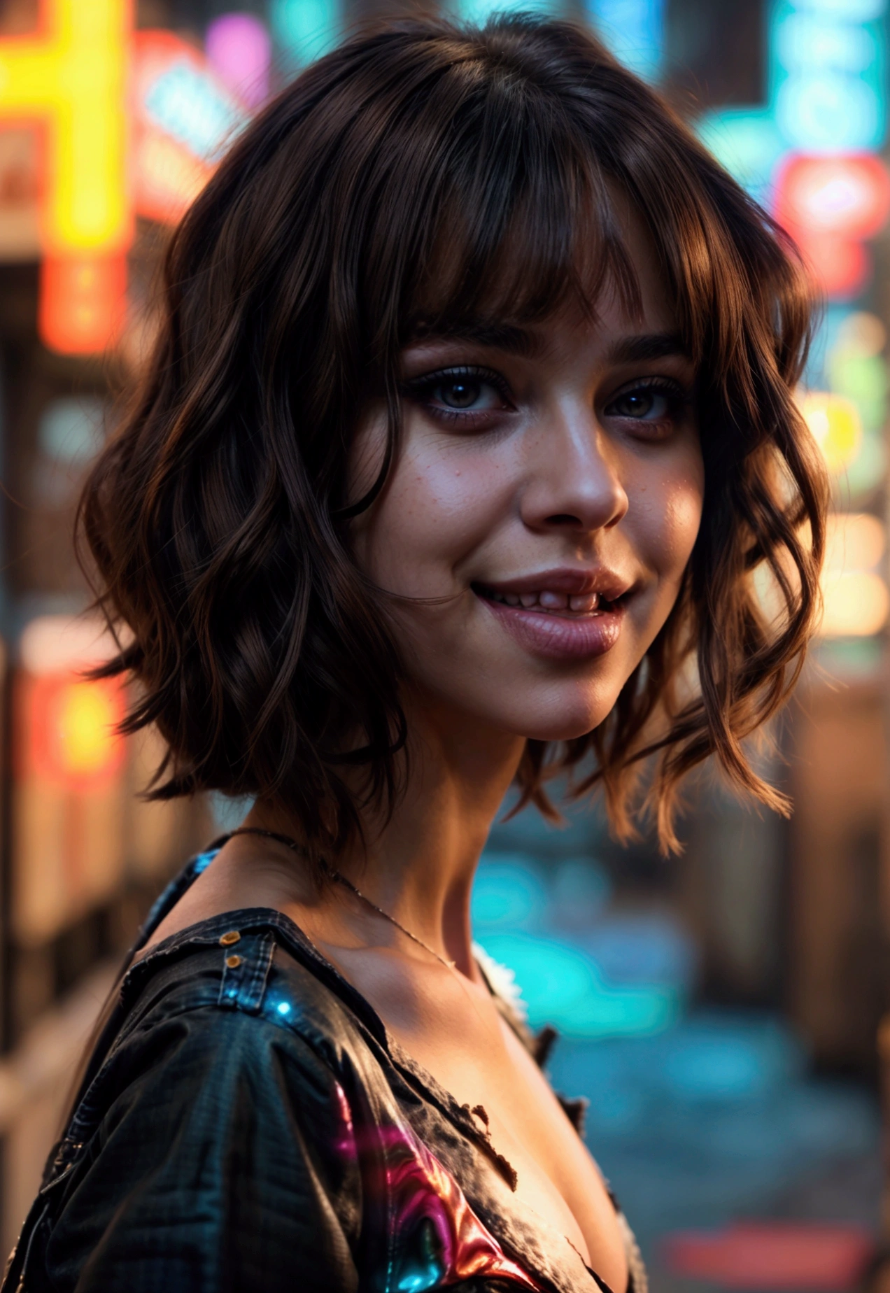 Caucasian female, brown eyes with strong eye makeup, sharp face, sharp nose, strongly wavy brown hair, thick lips, mouth with a smile slightly turned to the right, cigarette in the mouth, psychedelic background, with smoke covering half the body, in the city night, in ripped jeans, and top 70 percent transparent in black.