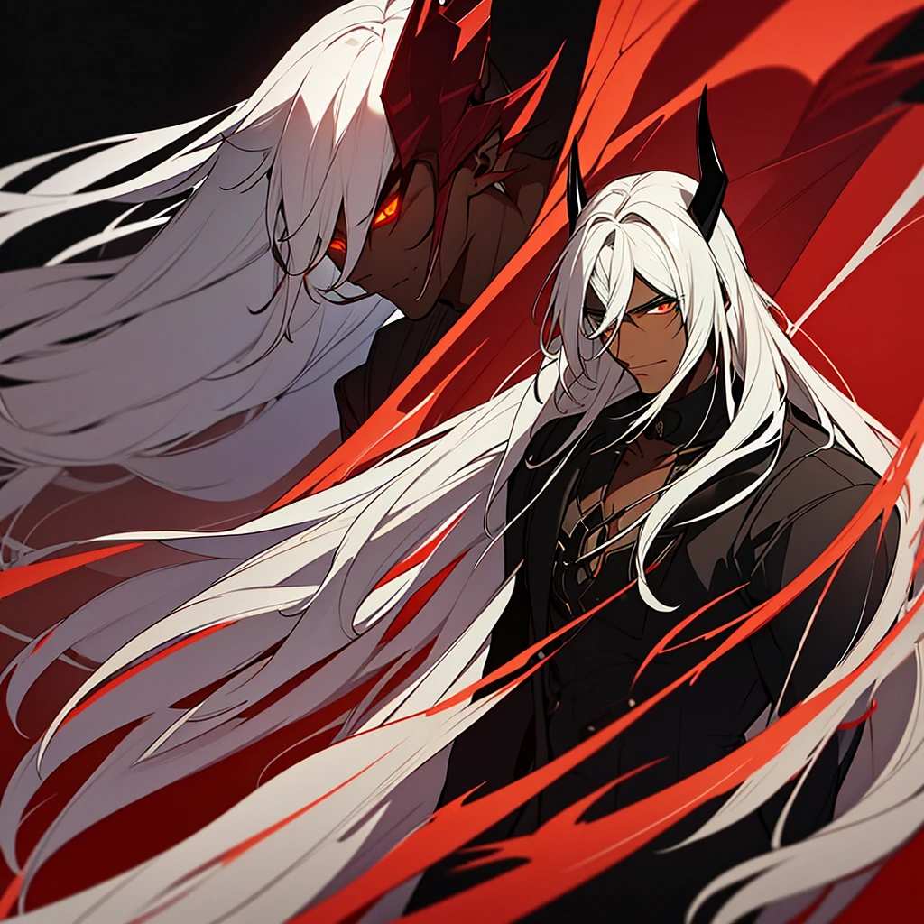 Male character, handsome, dark skin, black wings, wearing a red suit, long white hair, emerald green eyes, his appearance is that of a fire demon, his body is that of a fire demon with giant horns, a bestial body, an intimidating appearance, blue background