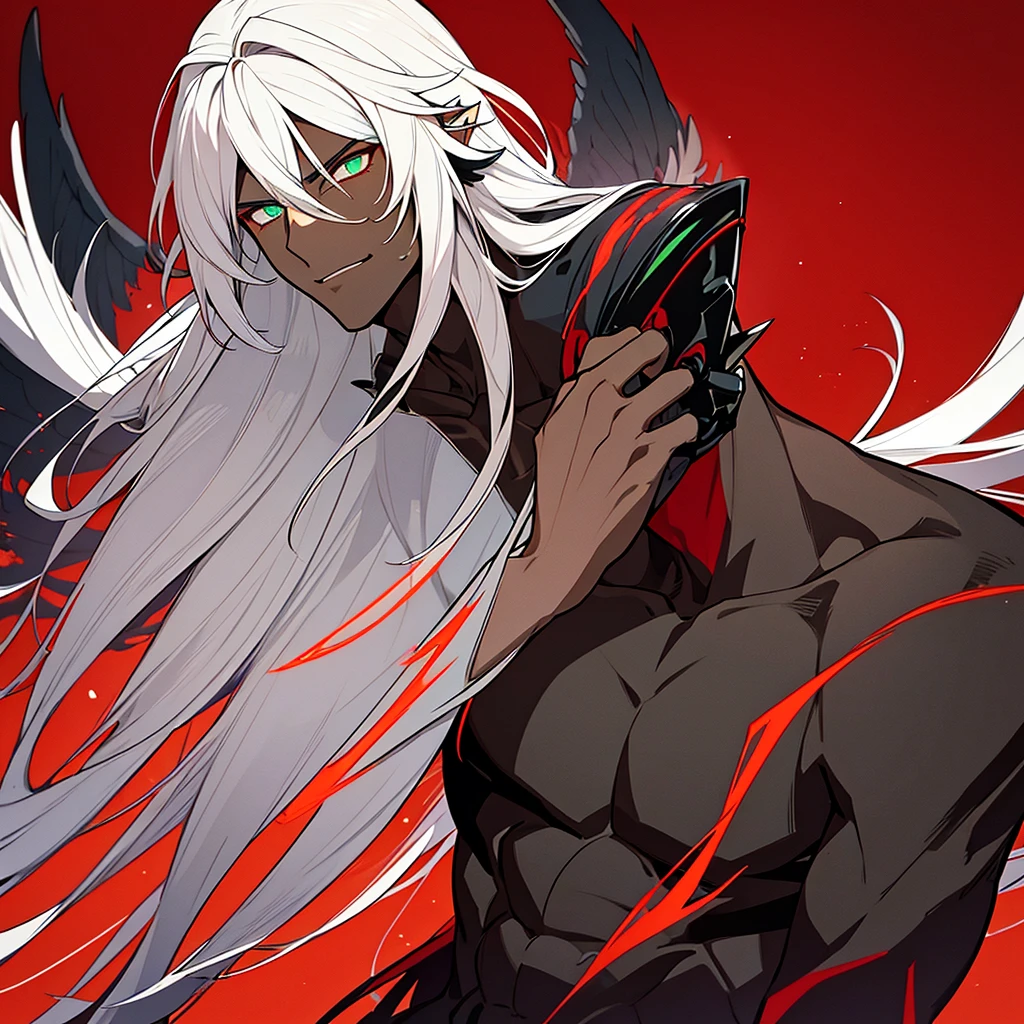 Male character, handsome, dark skin, black wings, wearing a red suit, long white hair, emerald green eyes, his appearance is that of a fire demon, his body is that of a fire demon with giant horns, a bestial body, an intimidating appearance, blue background