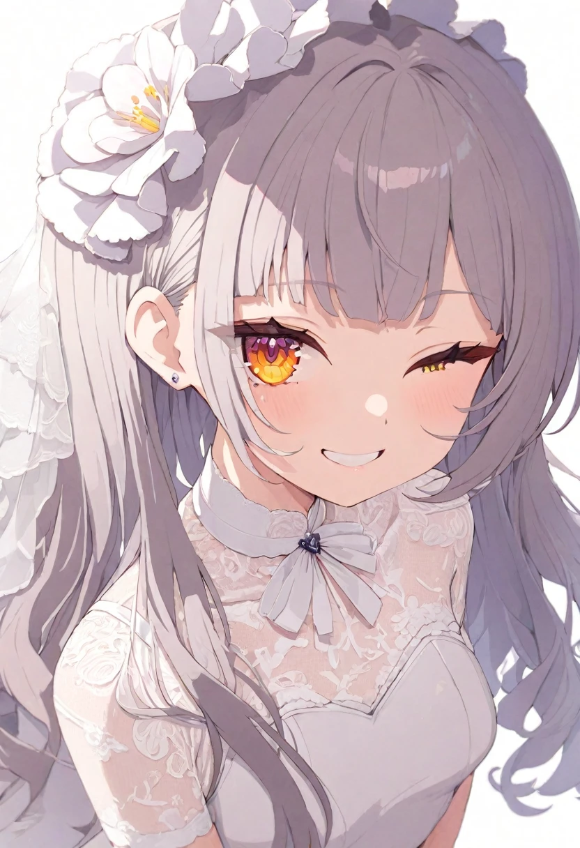 (masterpiece), (best quality), perfect face, beautiful girl, white background background, delicate and beautiful face and eyes, dark intense shadow, 
1 girl, vtuber style, cool girl, hololive, Murasaki Shion, Wedding dress, , cropped shoulders, clavicle, one eye close winking, smile, body visible through clothes, chest visible through clothes, (full body), looking at viewer, standing,