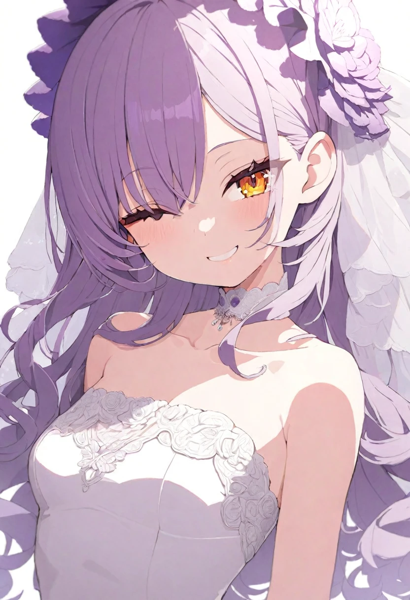 (masterpiece), (best quality), perfect face, beautiful girl, white background background, delicate and beautiful face and eyes, dark intense shadow,
1 girl, vtuber style, cool girl, hololive, Murasaki Shion, Wedding dress, , cropped shoulders, clavicle, one eye close winking, smile, body visible through clothes, chest visible through clothes, (full body), looking at viewer, standing,