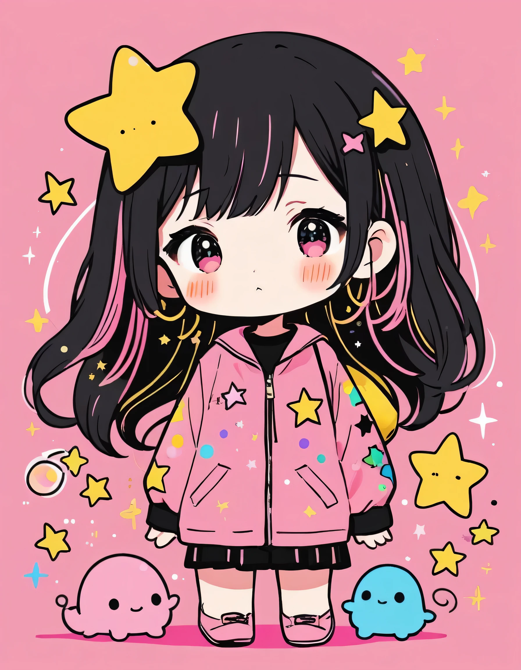 Black Star Gold and Pink style, Simple Line Initialism,Abstract art,Kawaii Design, The most beautiful girl of all time、chibi, Cute and colorful pillbugs, The background is a glittering rainbow color