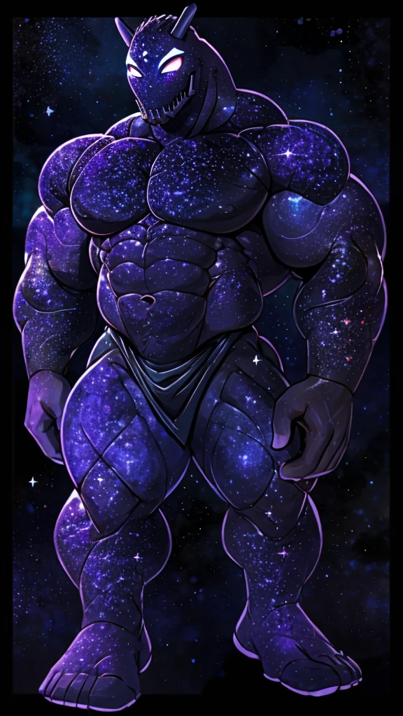 Backshot of a colossal giant god of the cosmos, a muscular body made enitrely of the galaxy, muscular, giant, wearing a purple and black skirt, small horns, thick galaxy thighs, big galaxy pecs, big muscular galaxy arms, galaxy mask, big muscle galaxy butt, bubble butt, full body character, high quality. 4k, DETAILED, MASTERPIECE. Dark background