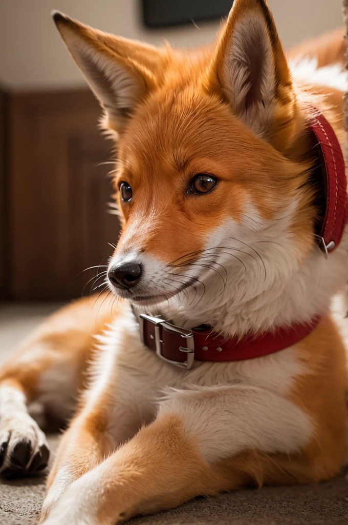 The little fox is wearing a red collar,                          Dog treatment,Treated like a pet,Get your head pat,